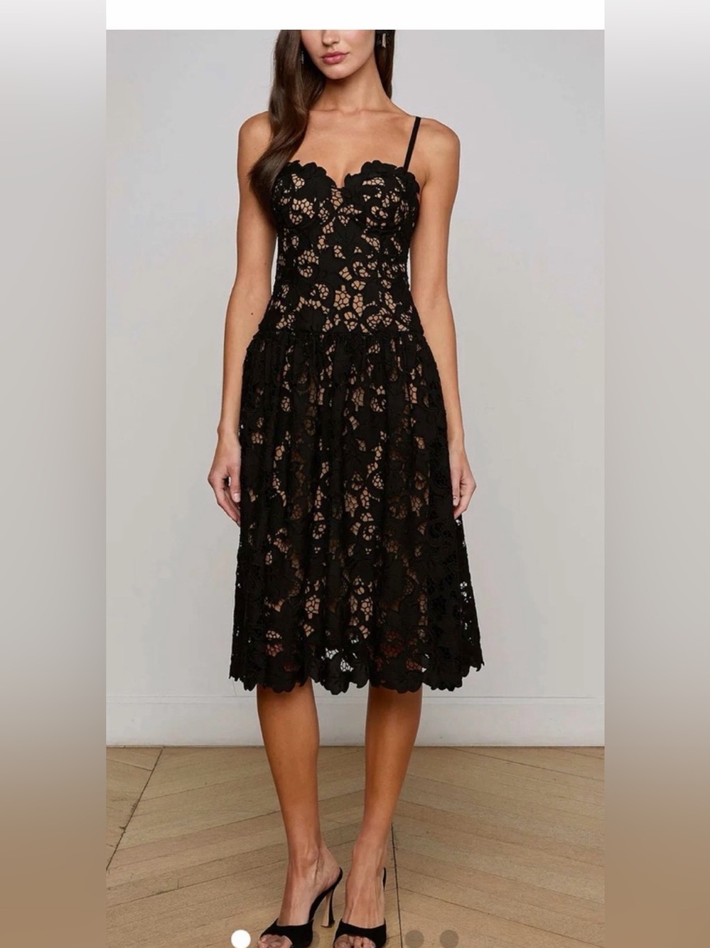 LAGENCE Black Flyn Lace Midi Dress with Spaghetti Straps so 10